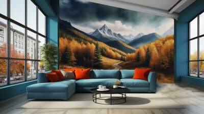 2d illustration of mountains and forest as a background with clouds in watercolor Wall mural