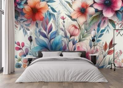 floral seamless pattern with drawing watercolor abstract flowers and plants Wall mural