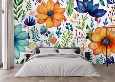 floral seamless pattern with drawing watercolor abstract flowers and plants Wall mural