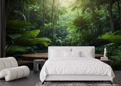 empty Wooden product display podium with green, tropical  forest background . Eco-friendly concept . product presentation ideas
 Wall mural