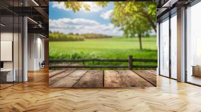 Empty wooden table with blurred summer meadow background . Product display , presentation ideas Wall mural