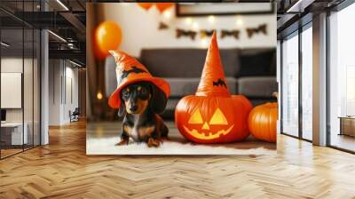 Cute Dachshund Puppy in Halloween Costume with Pumpkin and Witch Hat Decor – Festive Pet Photography Wall mural