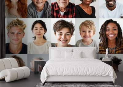 A collage of people with different ages and ethnicities, all smiling. Scene is happy and positive, showcasing the diversity and unity of humanity Wall mural