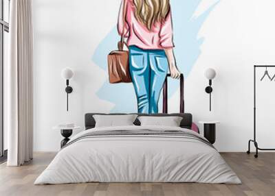 Beautiful young woman with suitcase. Stylish girl travels, colored drawing, realistic. Vector illustration of paints Wall mural