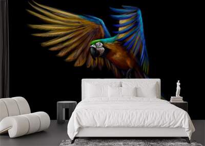 Portrait blue-and-yellow macaw in flight on a black background. Ara parrot, Tropical parrot Wall mural