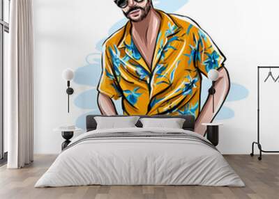 Stylish handsome man in fashion clothes, man in hawaiian shirt, colored drawing, realistic. Vector illustration of paints Wall mural