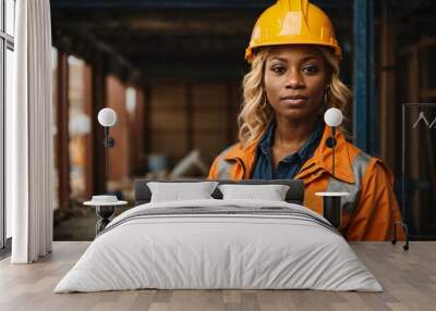 A portrait of a proud, strong, and skilled female African American construction worker wearing a hard hat. Generative Ai. Wall mural