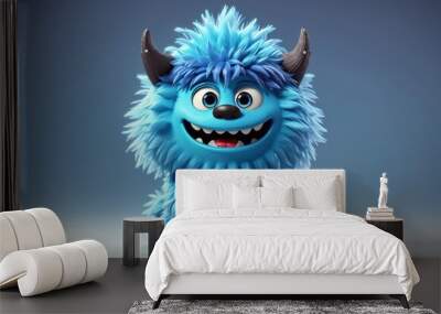 Cute blue monster 3D cartoon character. Generative Ai. Wall mural