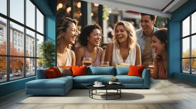 Group of friends laughing and enjoying dinner at outdoor restaurant during summer. Image created using artificial intelligence. Wall mural