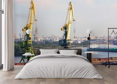 Two port cranes with cargo train. Port of St.Petersburg, Russia Wall mural