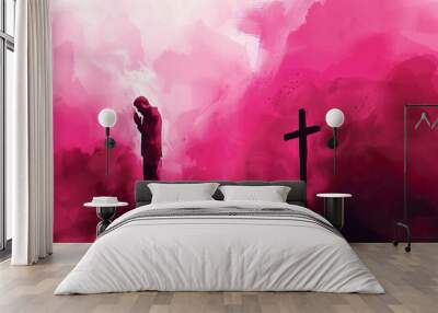 Christian man turning away from cross with pink water color tones. Lust and sin causing a man to turn away from Jesus and Christianity. Wall mural