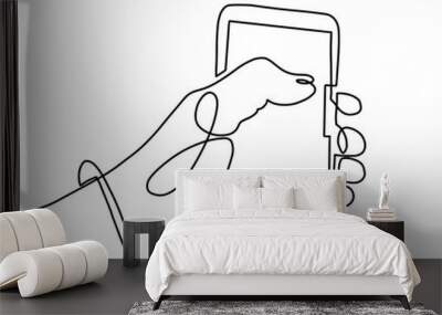 continuous one line art drawing of hand using mobile phone Wall mural