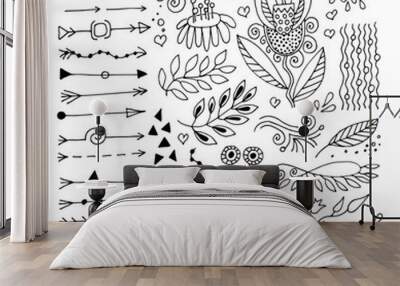 set of hand drawing page dividers borders and arrow, doodle floral design elements Wall mural