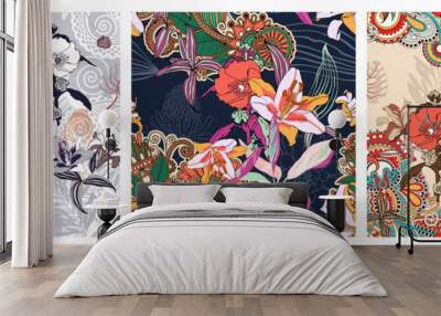 set of original trendy seamless artistic flower pattern, beautiful tropical floral exotic background Wall mural