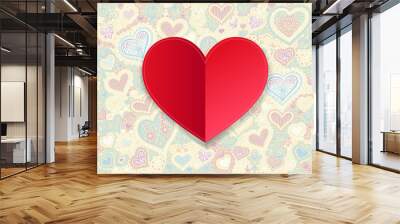 Valentines day red paper hand drawing on heart shape background Wall mural