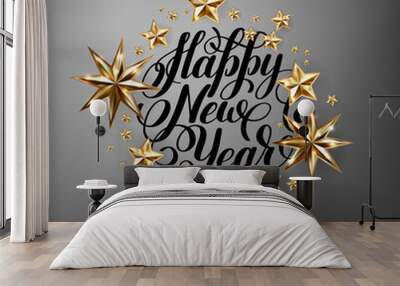 winter design with holiday golden stars and handwritten letterin Wall mural