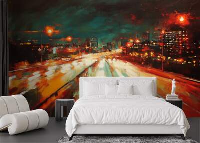 Oil painting of a busy urban road at night with vibrant lights and abstract strokes. Wall mural