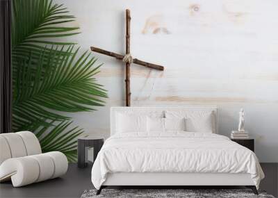 palms and wood cross on white wood background with copy space Wall mural