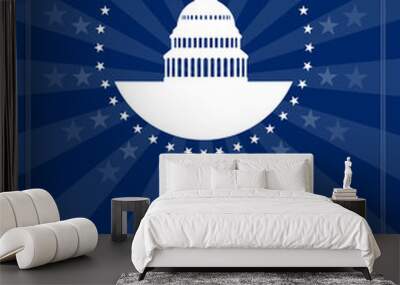 Presidents Day greeting banner with Washington DC White house and Capitol building arounded stars isolated on dark rays background. USA landmark. Vector illustration Wall mural