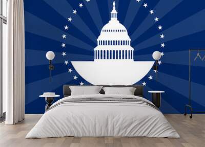 Washington DC symbol. White house and Capitol building arounded stars isolated on dark rays background. USA landmark. Vector illustration Wall mural