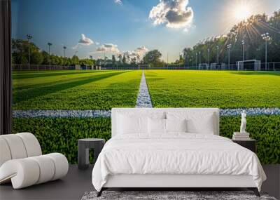 Close Up of Grass and White Line on Soccer Field Wall mural