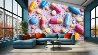 top view multicolored tablets and capsules scattered across a clean surface Wall mural