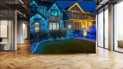 Two story stucco luxury house with garage door, big tree and nice Christmas decoration at night in Vancouver, Canada, North America. Night time on Dec 2021. Wall mural