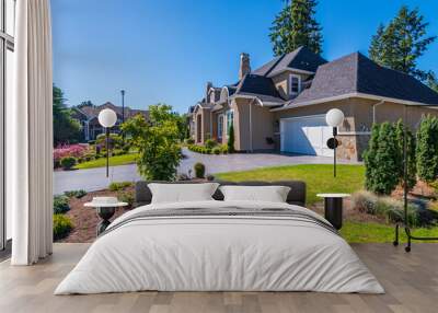 two story stucco luxury house with garage door, big tree and nice Spring Blossom landscape Wall mural