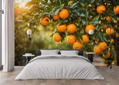 Abundant orange tree with ripe oranges in focus foreground, garden setting background Wall mural