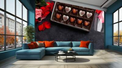 Champagne glasses and heart chocolate Wall mural