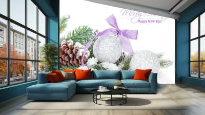 Christmas baubles and purple ribbon with snow fir tree Wall mural