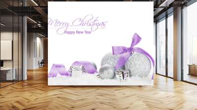 Christmas baubles and purple ribbon Wall mural