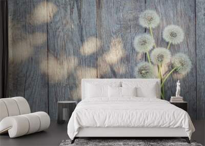 Dandelion flowers on wooden background Wall mural