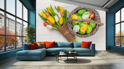 Easter greeting card with easter eggs and tulips Wall mural