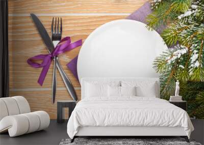 Empty plate with silverware over christmas wooden background Wall mural