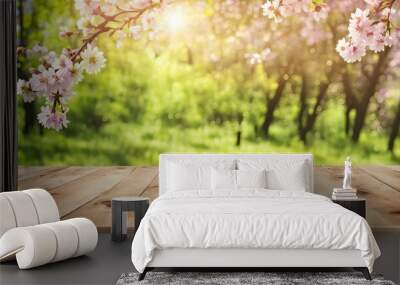 Empty tabletop with natural bokeh background for product Wall mural