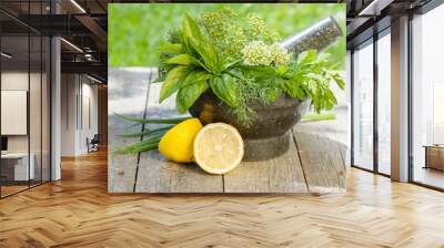 Fresh herbs in mortar Wall mural