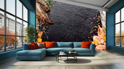 Fresh raw sea food with spices Wall mural