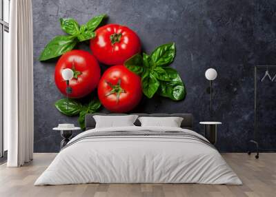 Fresh ripe garden tomatoes and basil Wall mural