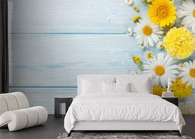 Garden flowers over wooden background Wall mural