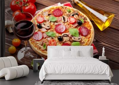 Italian pizza with pepperoni, tomatoes, olives, basil and red wi Wall mural