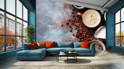 Many cups of coffee on stone table Wall mural