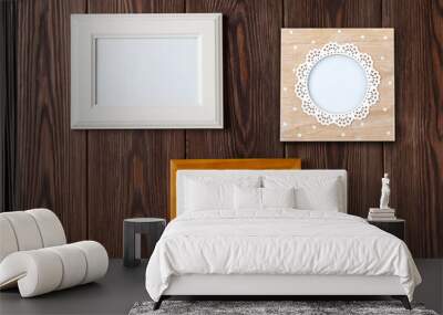 Photo frames on wooden wall Wall mural