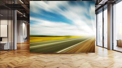 Road through the yellow sunflower field Wall mural