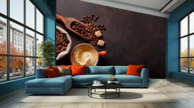 Roasted coffee beans, brown sugar and espresso cup Wall mural