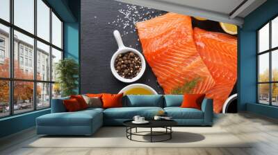 Salmon and spices on stone table Wall mural