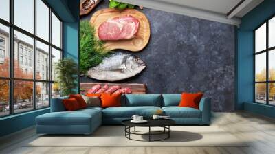 Sausages, fish and meat cooking Wall mural