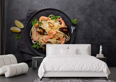 Spaghetti seafood pasta with clams and prawns Wall mural