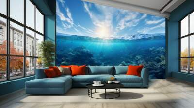 Split underwater view with sunny sky and serene sea Wall mural