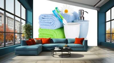 toothbrushes, soap and two towels Wall mural